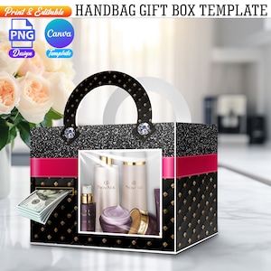 May include: A black and gold handbag gift box with a clear window showing a set of skincare products. The box has a pink ribbon and a diamond-shaped handle. The products include a bottle of lotion, a bottle of serum, and a jar of cream. The box is sitting on a white surface.