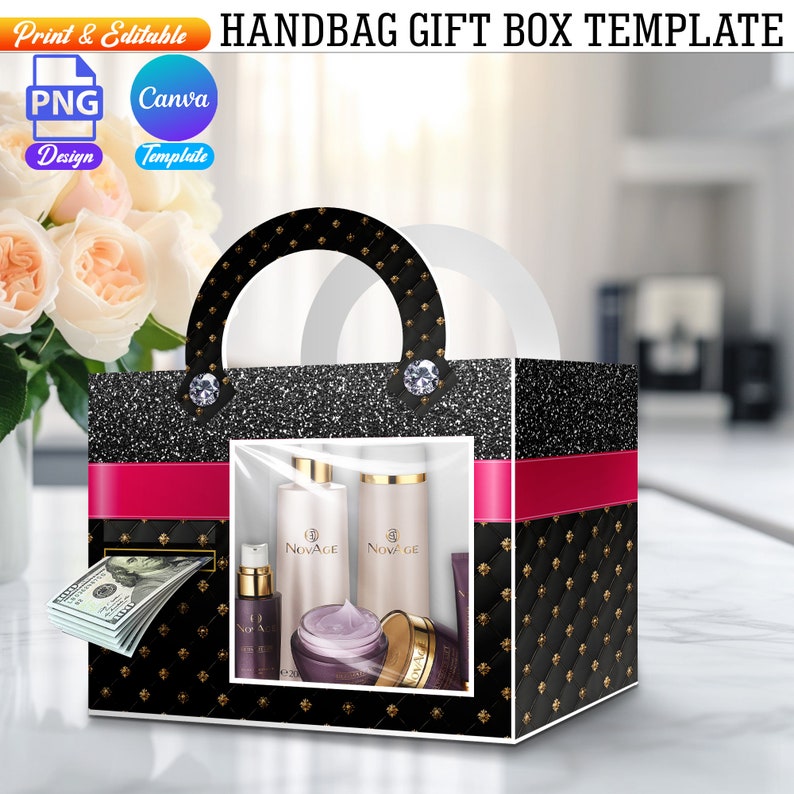 May include: A black and gold handbag gift box with a clear window showing a set of skincare products. The box has a pink ribbon and a diamond-shaped handle. The products include a bottle of lotion, a bottle of serum, and a jar of cream. The box is sitting on a white surface.