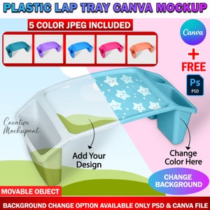May include: A blue plastic lap tray with a white surface and a star pattern. The tray has two side compartments and a handle. The text "Add Your Design" and "Change Color Here" is visible on the tray. The text "Change Background" is visible on a purple background.