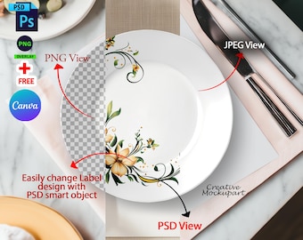 Dinner Plate Canva Frame Mockup For Dye Sublimation | White Plate Mockup, Kitchen Plate Mockup, Drag & Drop To Add Your Own Design