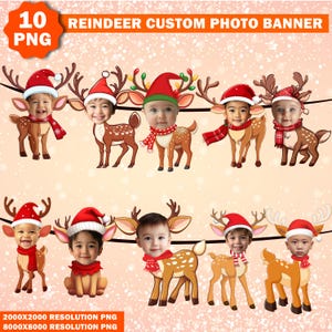 Op de afbeelding: Tien digitale afbeeldingen van rendieren met rode kerstmanmutsen en een lege ruimte voor een foto. De rendieren zijn bruin met witte vlekken en hebben rode neuzen. De afbeeldingen zijn voor een aangepaste fotobanner. De tekst "REINDEER CUSTOM PHOTO BANNER" staat bovenaan de afbeelding.