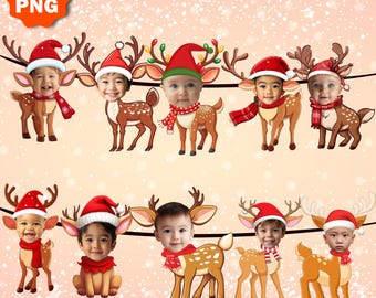 May include: Ten digital images of reindeer with red Santa hats and a blank space for a photo. The reindeer are brown with white spots and have red noses. The images are for a custom photo banner. The text "REINDEER CUSTOM PHOTO BANNER" is at the top of the image.