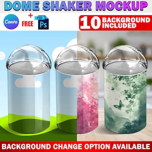 Op de afbeelding: Drie transparante koepelvormige shakerpotten met verschillende achtergrondontwerpen. De potten staan op een houten oppervlak. De ontwerpen zijn een blauwe lucht met een witte wolk en groen gras, een roze en wit bloemenontwerp en een groen en wit aquarelontwerp met een vlinder.