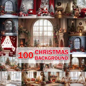 May include: A collage of 100 Christmas background images featuring various scenes, including a fireplace, a window with a view of a snowy forest, a Christmas tree, and a room decorated with Christmas lights and decorations. The images are ideal for use as digital backdrops for photos or videos.