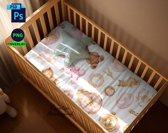 Baby Crib Sheet Mockup | Nursery Bed Sheet Mockup, Nursery Sheet mockup, Fabric Mockup, Insert Design Via Photoshop Smart PSD, Canva PNG JPG