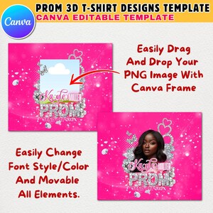 May include: Pink and white 3D t-shirt design template with a diamond-like pattern and the text "PROM" in large, glittery letters. The template includes a frame for a photo and the text "SEND OFF 202X".