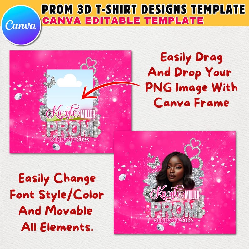 May include: Pink and white 3D t-shirt design template with a diamond-like pattern and the text "PROM" in large, glittery letters. The template includes a frame for a photo and the text "SEND OFF 202X".