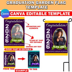 Plantilla editable de bandera de jardín para graduados, diseño de sublimación de bandera de graduación de 30 x 45 cm, bandera con imagen de graduación, descarga digital, archivo Canva