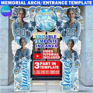 Funeral Entrance Arch Design Canva Template, Sky Blue & White Memorial Arch, Funeral Entryway Arch, Editable Archway for Memorial Decoration