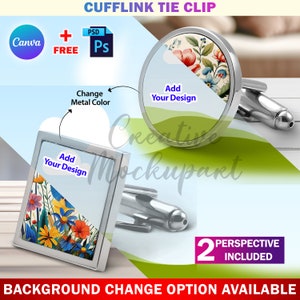 May include: Two silver cufflinks with a floral design. The cufflinks are on a white surface with a green and blue background. The text "Add Your Design" is on the cufflinks. The text "2 PERSPECTIVE INCLUDED" is in the lower right corner of the image. The text "BACKGROUND CHANGE OPTION AVAILABLE" is at the bottom of the image.