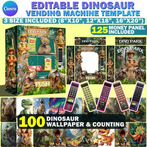 Editable Dinosaur Vending Machine Template, DIY Vending Machine For Birthday Gift, Canva Editable Claw Machine Template 8X10, 12x16 & 16x20