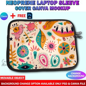 May include: A mockup of a neoprene laptop sleeve with a colorful, abstract floral pattern. The sleeve is black with a zipper closure. The text "NEOPRENE LAPTOP SLEEVE COVER CANVA MOCKUP" is at the top of the image. The text "Canva + FREE PSD" is in the upper left corner of the image.