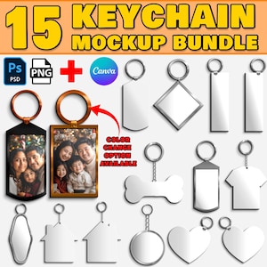 15x Dye Sublimation Keychain Mockup Bundle, Circle, Dog Bone, Heart Shape Keys Ring Mockup, Insert Design & Change Ring Color Via Canva, PSD