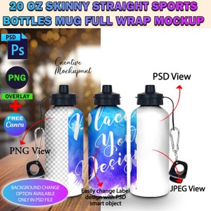 Puede incluir: Una maqueta de una botella deportiva recta y delgada de 590 ml con una tapa negra y un mosquetón. La botella tiene un fondo blanco y un diseño de acuarela azul. El texto de la botella dice "Place Your Design". La imagen también muestra una vista PNG, PSD y JPEG.