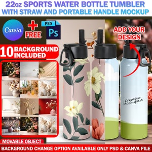 Maqueta de vaso de botella de agua deportiva Canva de 22 oz con pajita y asa portátil, diseño de inserción y fondo a través de Canva Smart Frame y PSD