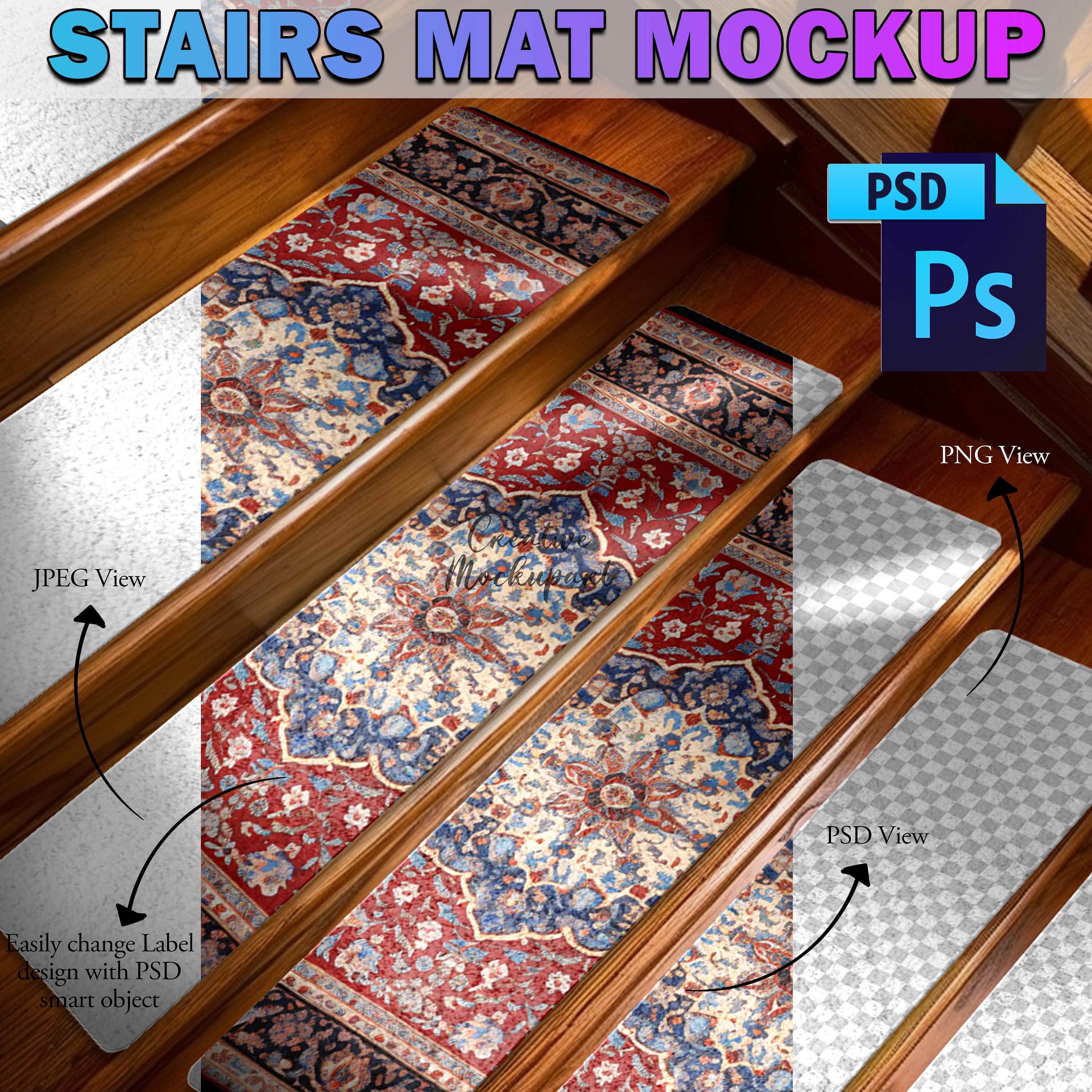 Stairs Mat Mockup | Stairs Treads Mockup, Step Rugs, Stair Rugs Mockup ...