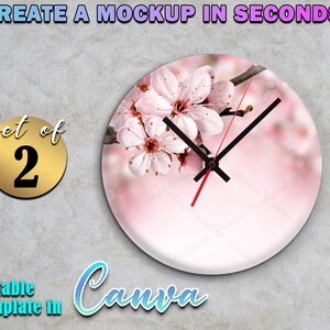 Peut inclure: Un ensemble de deux maquettes d'horloge imprimables avec un motif floral rose et blanc et le texte "Cr&eacute;ez une maquette en quelques secondes !" et "Mod&egrave;le modifiable dans Canva".
