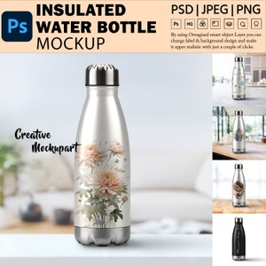 Insulated Water Bottle Mockup, 17oz Thermal White Bottle Digital Mockup for Download, Insert Design Via Photoshop Smart PSD, Canva PNG & JPG