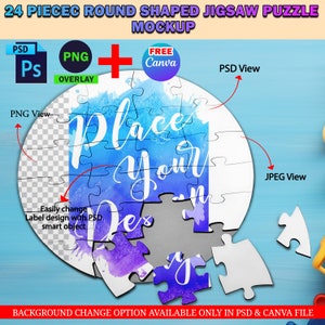 Dye Sublimation 24 Piece Round Shape Puzzle Mockup, Jigsaw Puzzle Template, Insert Design & Background Via Smart Canva Frame, Photoshop PSD