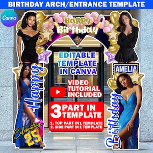 Birthday Entrance Arch Design Canva Template, Black & Blue Birthday Arch, Editable B&#39;day Arch Entryway, Bday Archway For Party Decoration