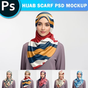 ヒジャブ スカーフ モックアップ | モデルに巻かれたスカーフ モックアップ | 背景を変更し、Photoshop スマート PSD オブジェクト、Canva PNG でデザインを追加