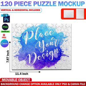 May include: A mockup of a 120 piece puzzle with a watercolor background. The puzzle is 11.4 inches wide and 7.87 inches tall. The text "Place your design" is written in white on the puzzle.