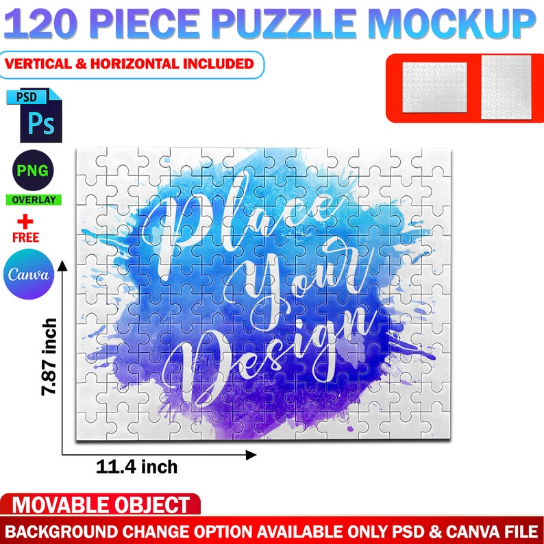 May include: A mockup of a 120 piece puzzle with a watercolor background. The puzzle is 11.4 inches wide and 7.87 inches tall. The text "Place your design" is written in white on the puzzle.