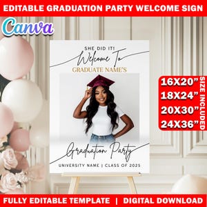 Modèle imprimable de plaque de bienvenue pour la fête de remise des diplômes, affiche éditable de décoration de diplômés en toile, plaque de bienvenue personnalisée pour senior/gradué