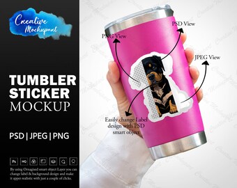 Tumbler Sticker Mockup | Sticker Photoshop Mockup | Hand Holding Tumbler Mockup | Smart Object Mockup | Sticker Mock PSD PNG JPG file