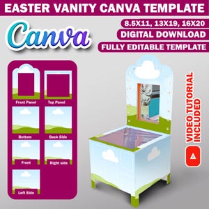 Plantilla Canva para caja de regalo de tocador de Pascua, caja de regalo de canasta de Pascua con tablero de espuma, bolsa de regalo de lujo, caja de mesa de maquillaje de regalo de cumpleaños DIY editable Canva