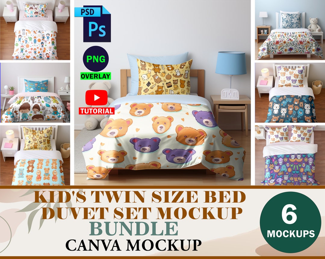 6 Childrens Twin Bedding Set Mockup Bundle Kids Duvet, Pillow, and
