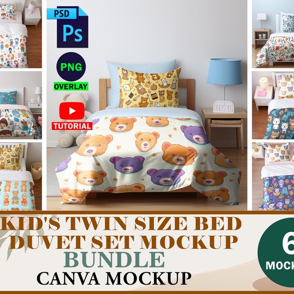 6 Children’s Twin Bedding Set Mockup Bundle: Kid’s Duvet, Pillow, and Blanket Bedroom Scene Creator Insert Design Via PSD, Canva PNG & JPG