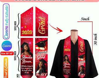 Graduation Stole Template, Graduation Stole Red & Black Or Change To any Color, Canva Editable, Class of 2025 Graduation, Grad Stole Sash