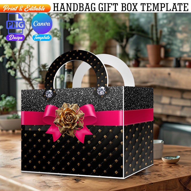 May include: A black and gold handbag gift box template with a pink ribbon and a gold flower embellishment. The box has a glitter finish and a quilted pattern.