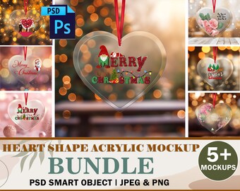 5 bundle di mockup di ornamenti in acrilico trasparente a forma di cuore di Natale, ornamenti in vetro trasparente, modello di mockup di ornamenti AOP, mockup di cuore in acrilico