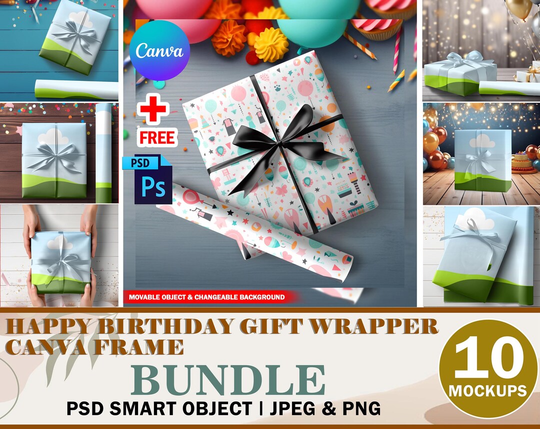 Gift Rapper Design Plain 10x Canva Birthday Gift Wrapper Mockup Template Bundle, Wrapped Present ...