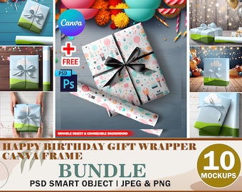 10x Canva Birthday Gift Wrapper Mockup Template Bundle, Wrapped Present Mockup, Wrapping Paper  Pattern Mockup, Add BG, Design Via Smart PSD