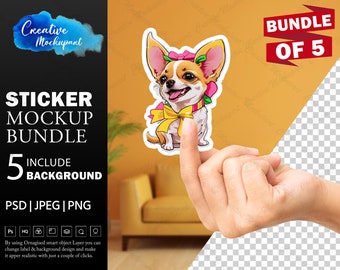 5 Sticker Bundle Mockup Volume 2 | Canva Template PNG of Hand Holding Sticker | 5 Different Background Mockup Scenes | Drag & Drop template