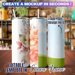 Dye Sublimation Canva 20oz Skinny Tumbler Full Wrap Mockup | Canva Drag and Drop 20oz Tumbler Mockup | Insert Design Via Tumbler Template |