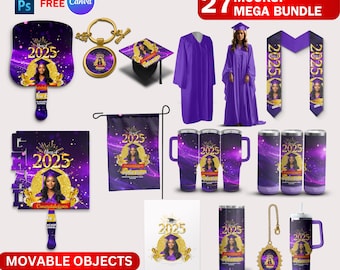 May include: A set of 27 graduation themed mockups featuring a variety of items such as a graduation cap, gown, tumbler, keychain, and a sign. The items are all purple and gold with the year 2025 printed on them.