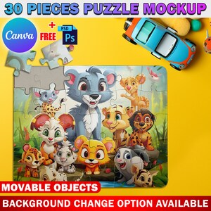 Peut inclure: Une maquette de puzzle de 30 pi&egrave;ces repr&eacute;sentant une illustration color&eacute;e d'animaux de dessin anim&eacute;. Les pi&egrave;ces du puzzle sont dispos&eacute;es en forme rectangulaire sur un fond jaune. Le texte "30 PIECES PUZZLE MOCKUP" est en haut de l'image. Le texte "MOVABLE OBJECTS" est en bas &agrave; gauche de l'image. Le texte "BACKGROUND CHANGE OPTION AVAILABLE" est en bas &agrave; droite de l'image.