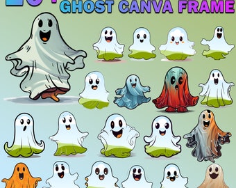20+ Canva Frame Cute Retro Halloween Ghost Bundle | Make Your Own Cute Ghost Designs on Canva | Easy Drag and Drop Editable Canva Template