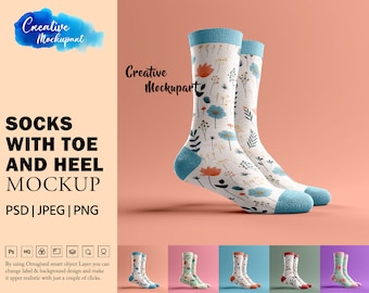 Socks With Separated Toe and Heel Mockup For Dye Sublimation | Crew Socks Mockup |Change Background, Insert Design Via PSD, Canva PNG & Jpg