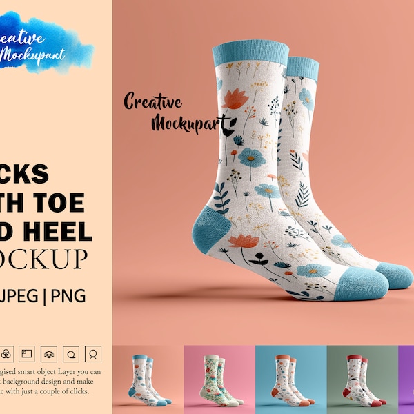 Socks With Separated Toe and Heel Mockup For Dye Sublimation | Crew Socks Mockup |Change Background, Insert Design Via PSD, Canva PNG & Jpg