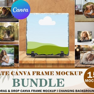 May include: A bundle of 15+ slate Canva frame mockups. The mockups feature various images, including a couple, a child with a dog, and a baby sleeping. The text "SLATE CANVA FRAME MOCKUP BUNDLE" is displayed at the bottom of the image. The text "15+ MOCKUPS" is displayed in a brown circle at the bottom right of the image. The text "EASY DRAG & DROP CANVA FRAME MOCKUP I CHANGING BACKGROUND" is displayed at the bottom of the image.
