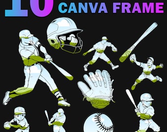 DIY Erstellen Sie Ihr eigenes Baseball Design in Canva, einfach Drag & Drop Baseballschläger, Helm Canva Rahmen Bundle, Sport Foto Sublimation PNG Vorlage