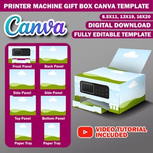 Plantilla de Canva para caja de regalo de impresora, caja de regalo para el Día de la Madre hecha con cartón pluma, bolsa de regalo editable para artículos de oficina, cumpleaños, caja de regalo DIY para mamá.