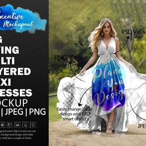 Big Swing flerskiktad maxiklänning mockup | Stilkläder Modefotografi mockup | Lägg till design via Photoshop Smart PSD, Canva PNG och JPG