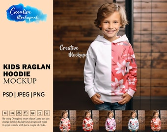 Kids Raglan Hoodie Mockup | Gildan 18500 Mockup Hoodie, White Hoodie Mockup | Kids Hoodie Mockup | Add Design Via Smart PSD, Canva PNG & JPG