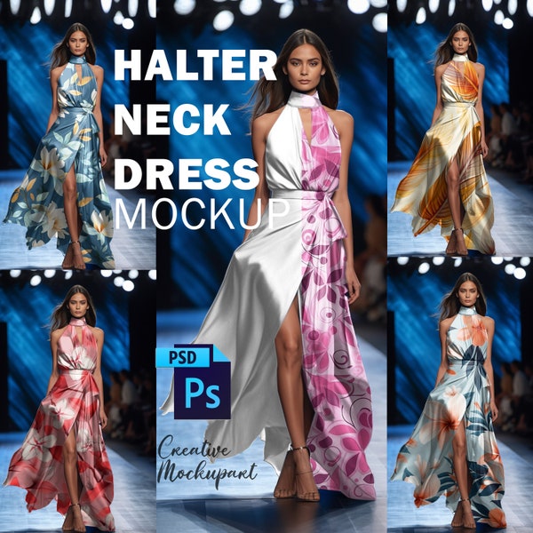 Halter Neck Dress Mockup | Fashion Evening Gown Mockup | Evening Dress Mockup | Styled Photography | Add Your Design Via Smart PSD, PNG, JPG